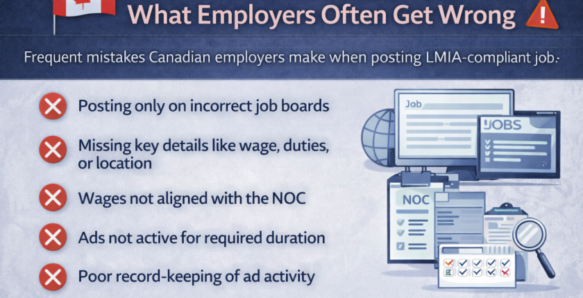 Infographic showing common LMIA job advertising mistakes employers make in Canada, including missing wage details and incorrect job boards