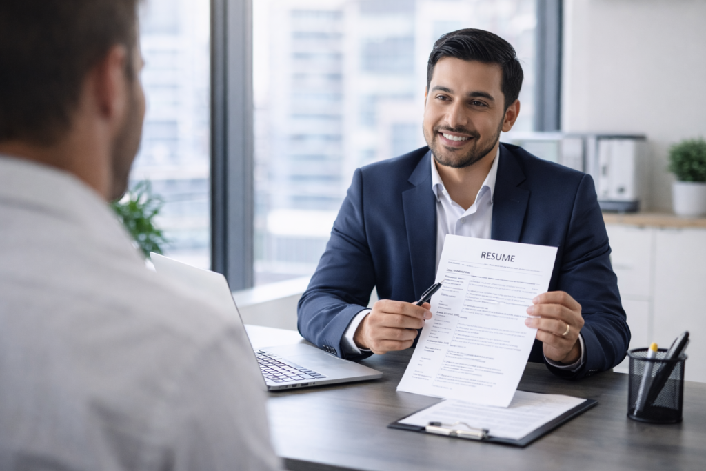 Recruiter reviewing a resume with a job seeker as part of professional hiring and job advertising in Canada