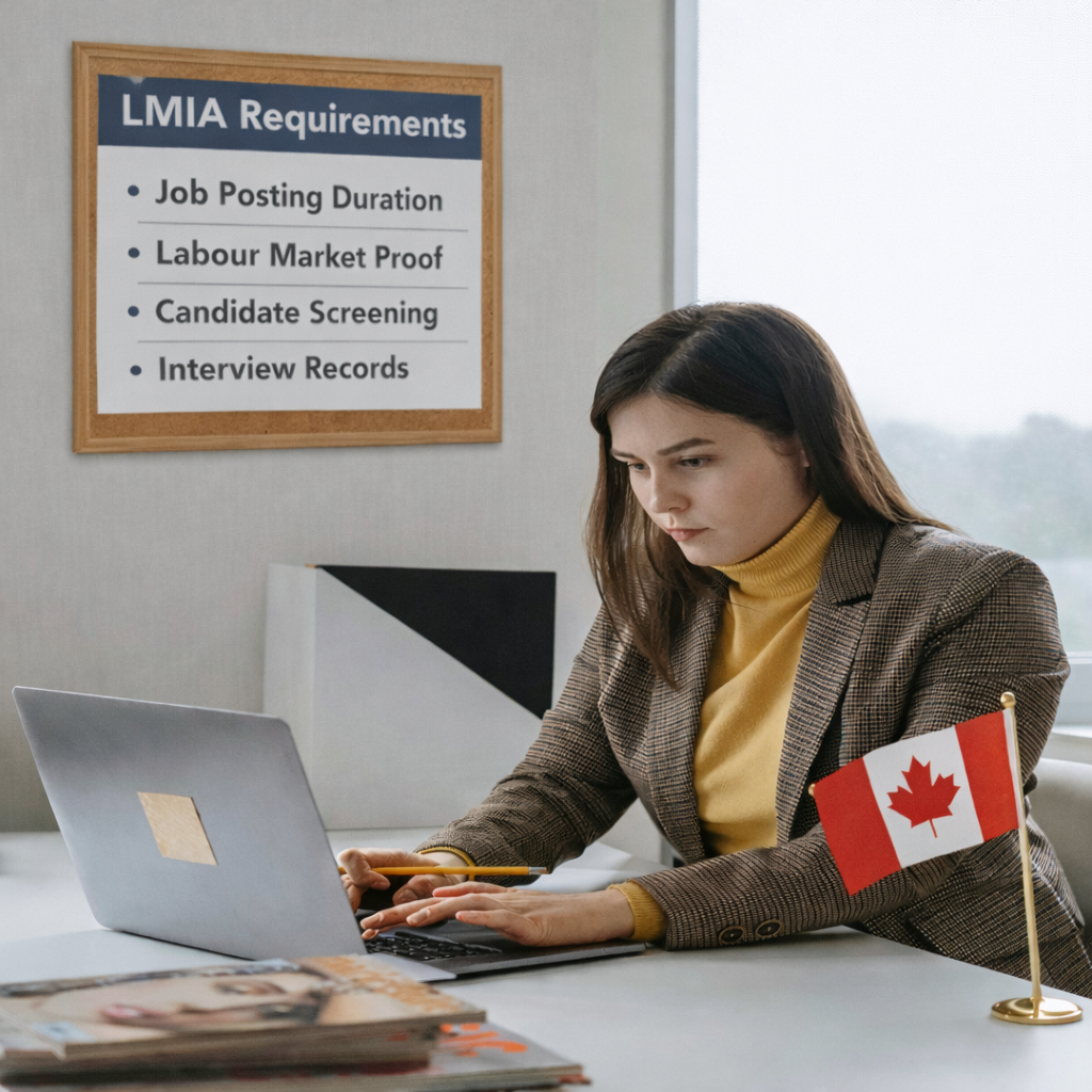 Canadian employer reviewing candidate profiles on a laptop with LMIA requirements board on the wall and Canada flag on the desk
