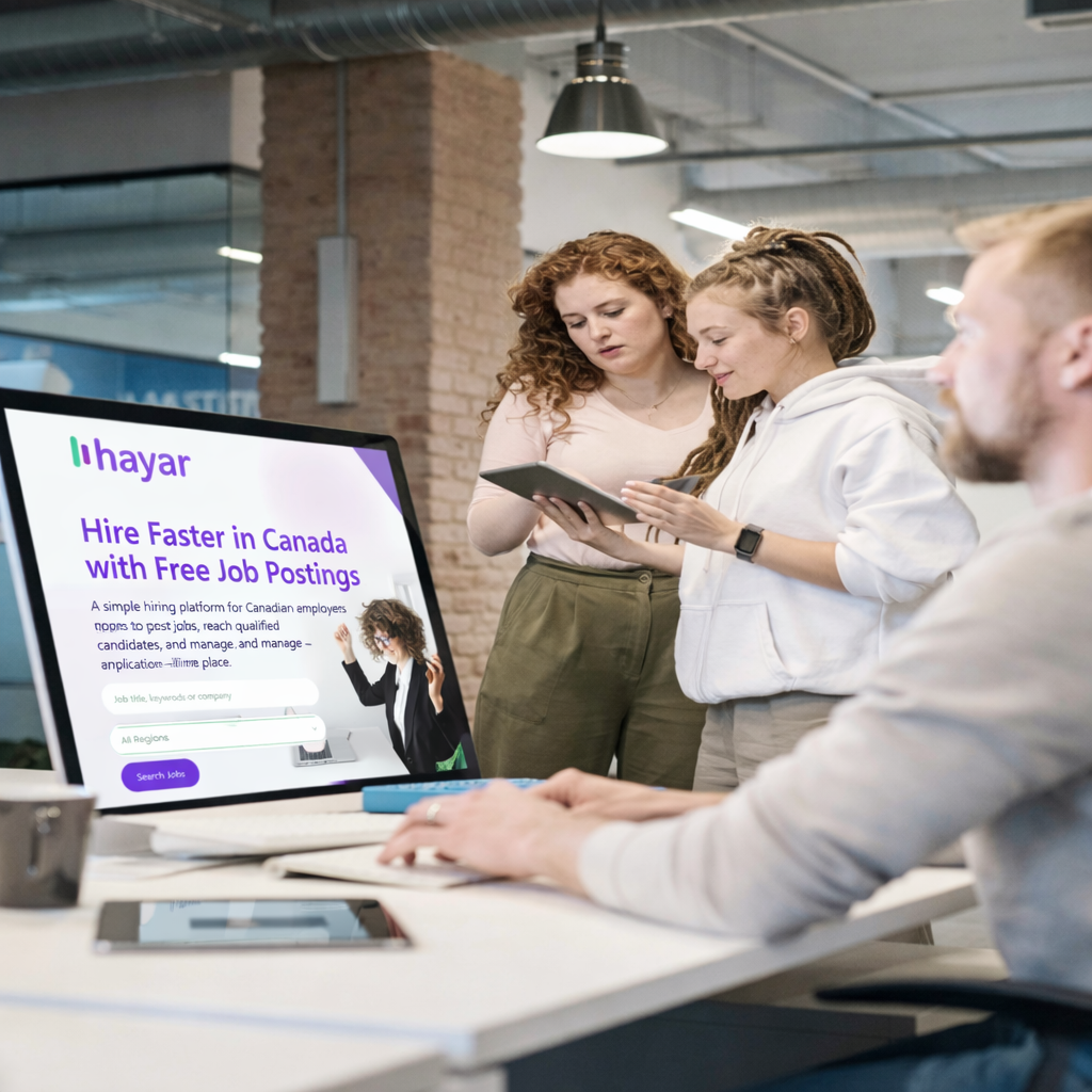 Canadian jobseekers reviewing the Hayar Canada job platform homepage on a desktop monitor while discussing job opportunities in a modern office